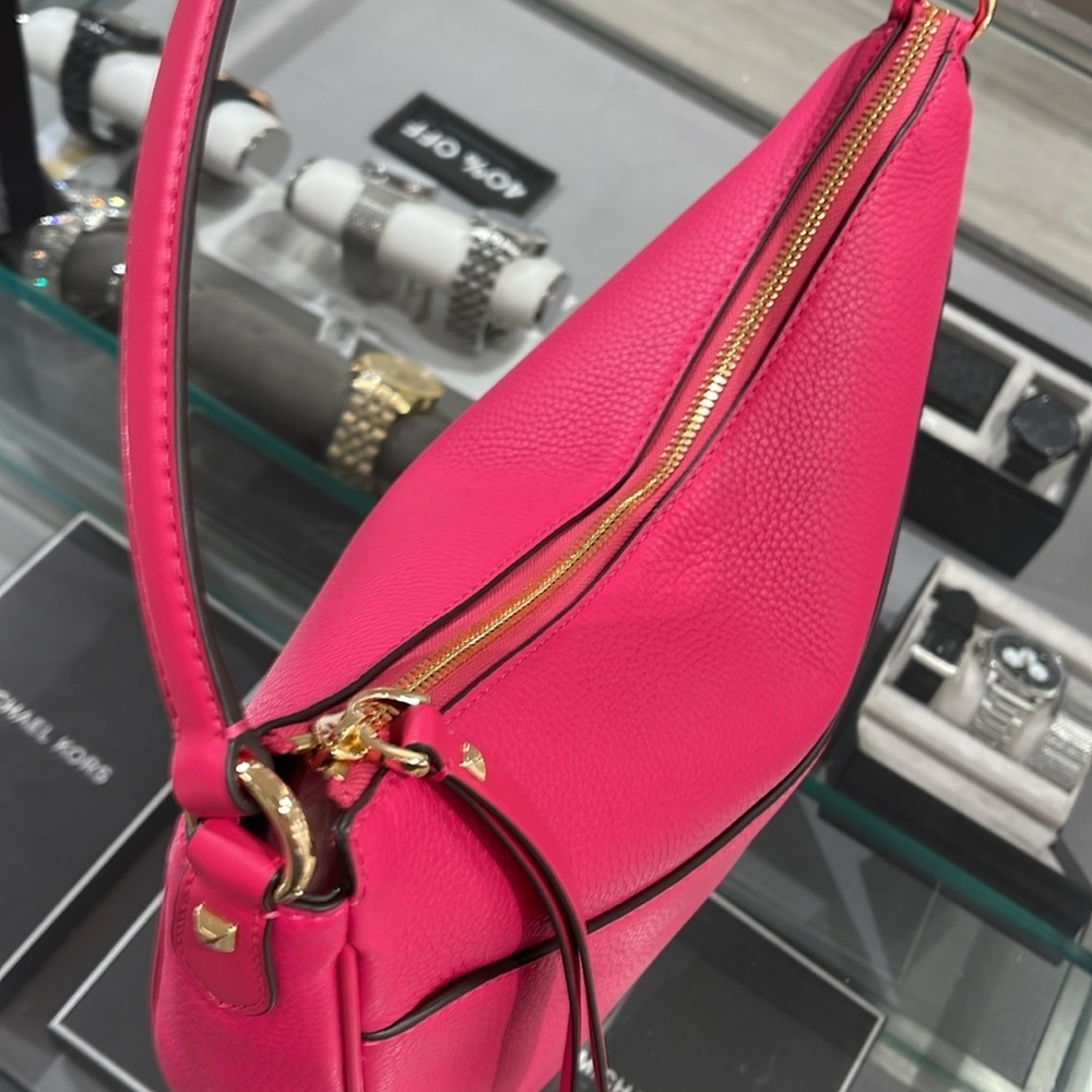 Michael Kors Dover Large Leather Top Zip Half Moon Shoulder Bag in Electric Pink - Picture 6 of 16